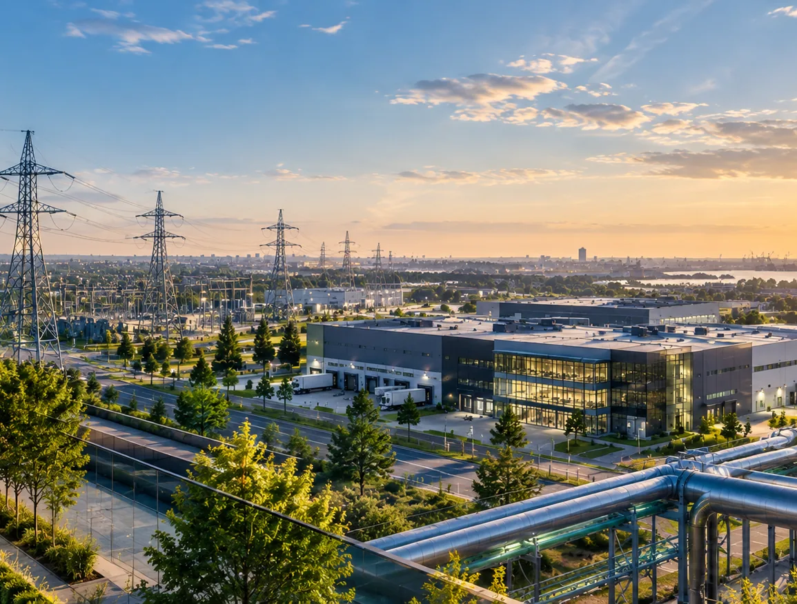 Park przemysłowy z liniami wysokiego napięcia o zachodzie słońca — energia elektryczna dla firm