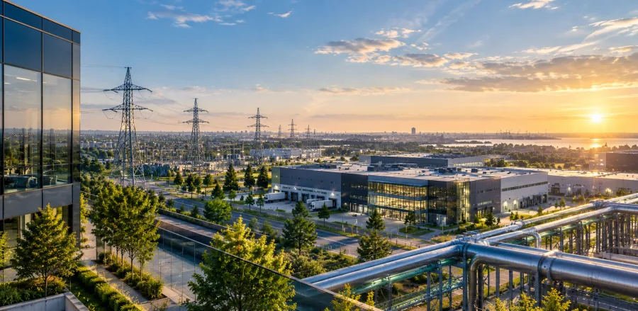 Park przemysłowy z liniami wysokiego napięcia o zachodzie słońca — energia elektryczna dla firm