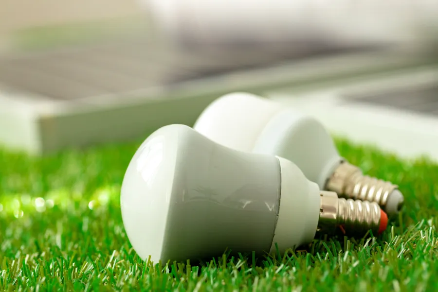 Żarówki leżące na trawie — energia elektryczna dla firm