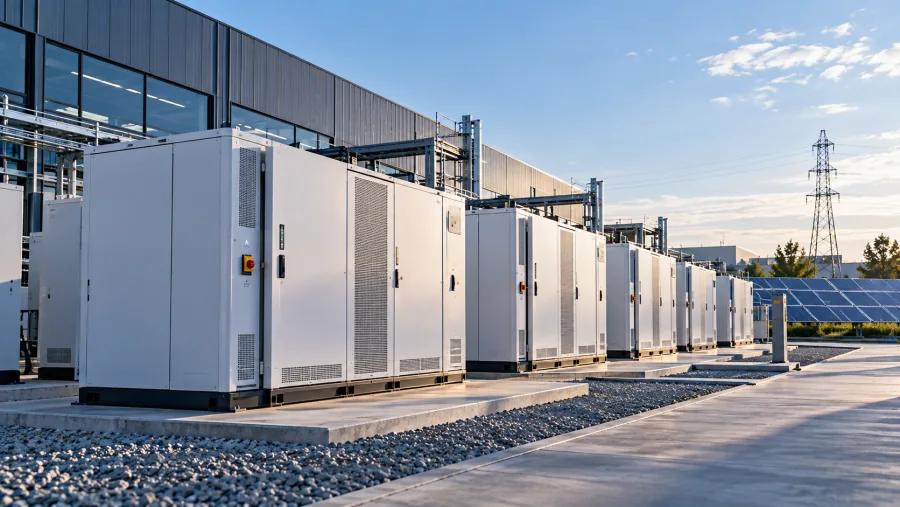 Bateryjne magazyny energii przy hali przemysłowej — magazyny energii