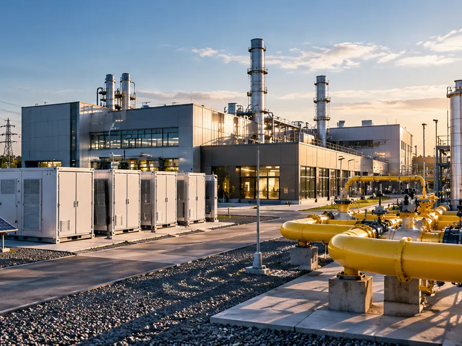Zakład energetyczny z panelami fotowoltaicznymi i instalacją gazową o zachodzie słońca — pakiet kompleksowy